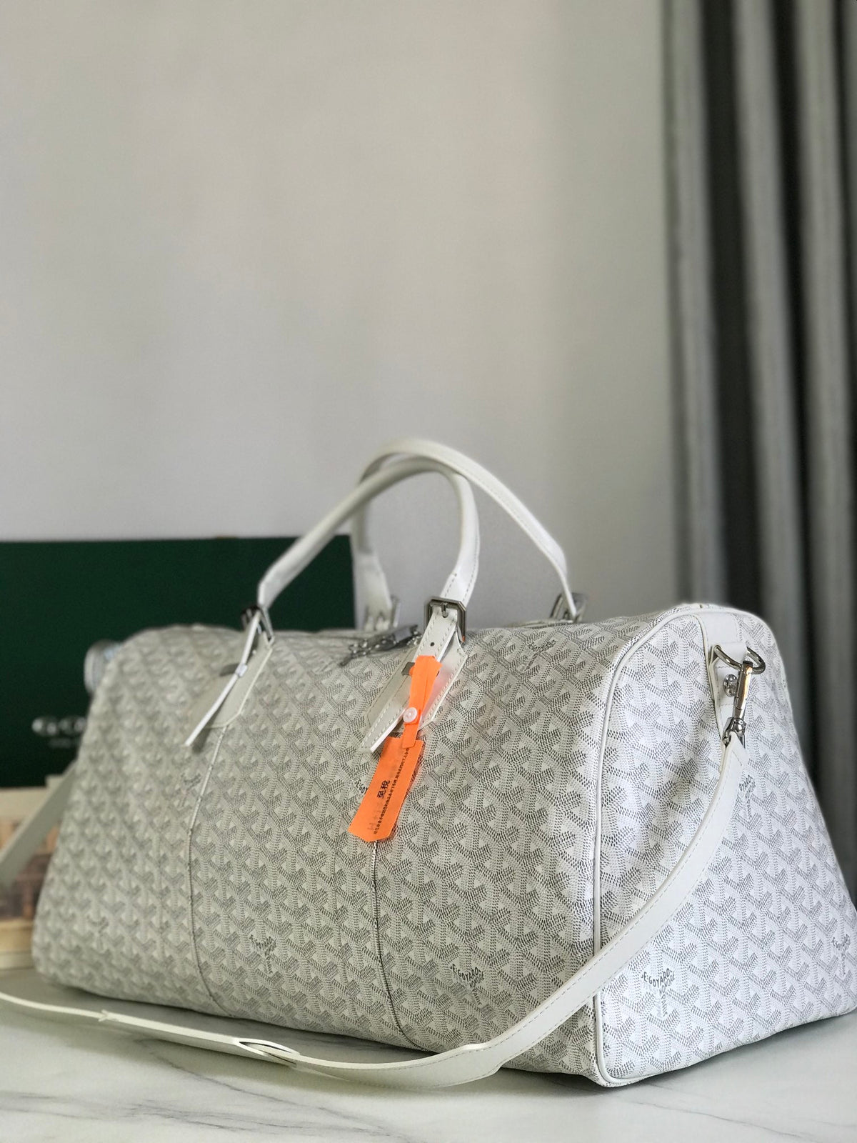 Goyard Boston 50 Bag in White Goyardine Canvas and Calfskin Trim