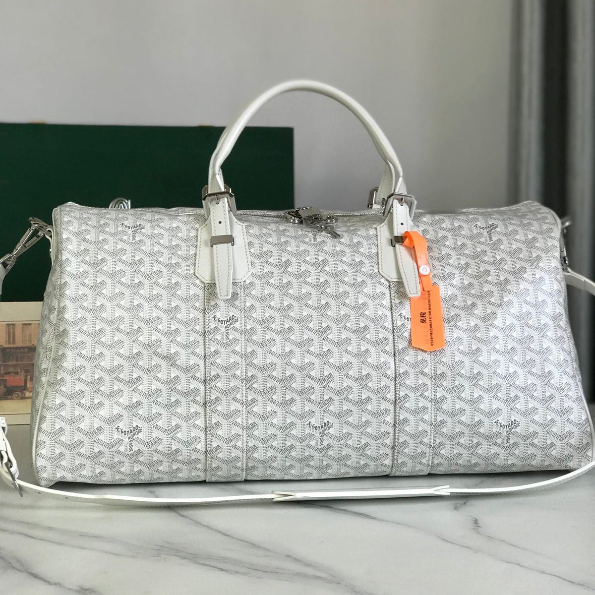 Goyard Boston 50 Bag in White Goyardine Canvas and Calfskin Trim