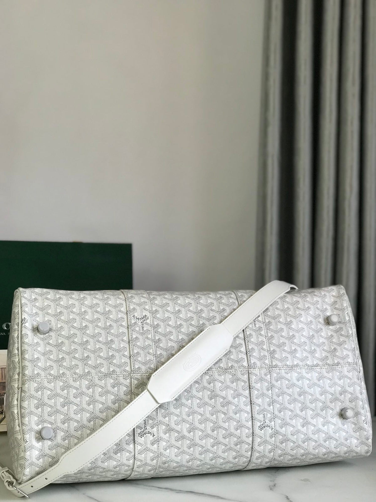Goyard Boston 50 Bag in White Goyardine Canvas and Calfskin Trim