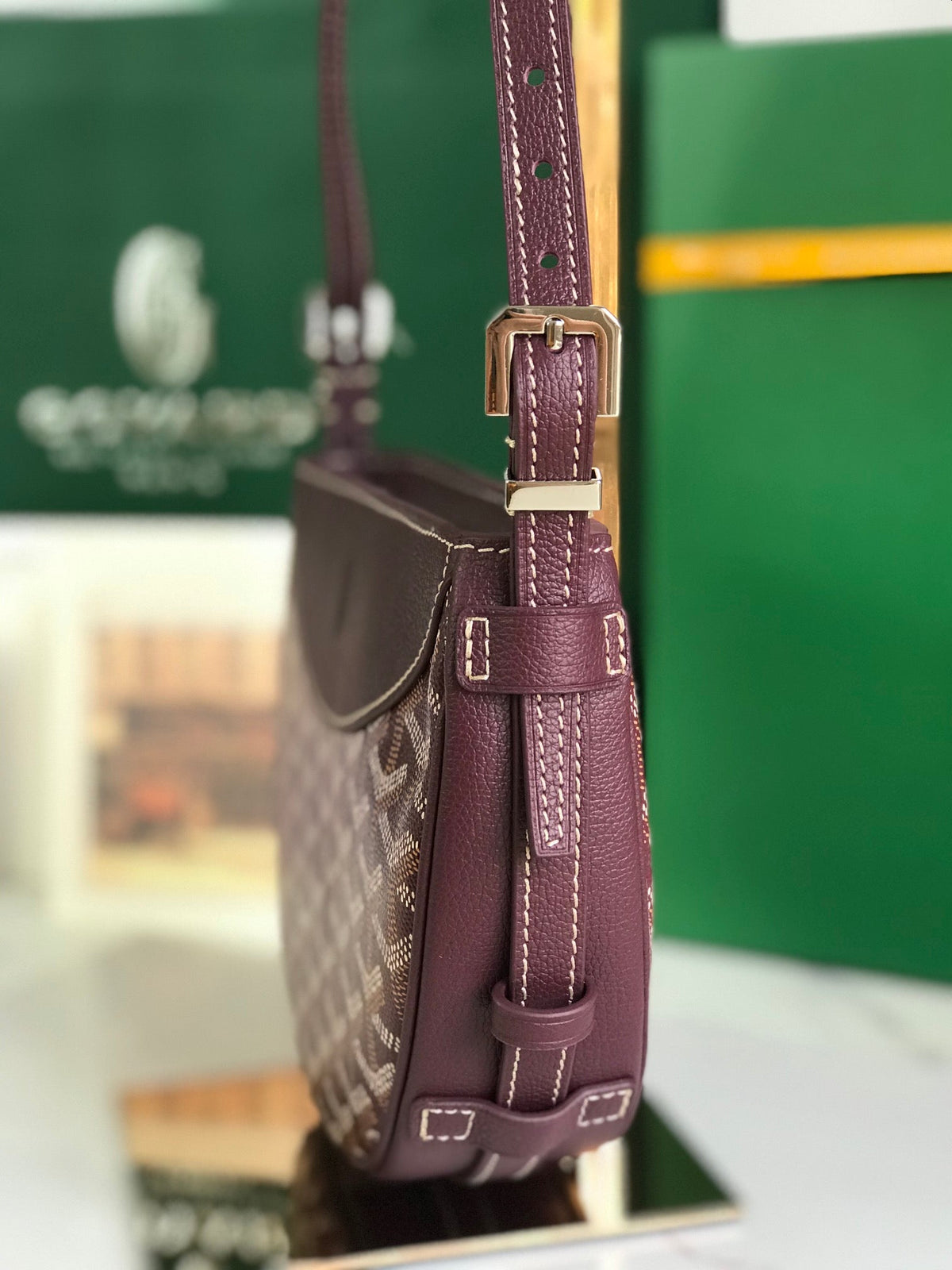 Goyard Hirondelle Bag 25 in Wine Red Lambskin and Goyardine Canvas