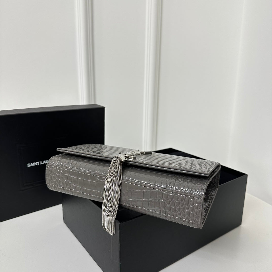Saint Laurent Kate Tassel 24 Crocodile Pattern Dark Grey Calfskin Bag