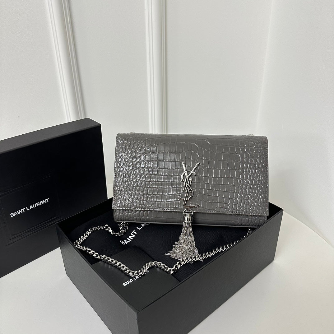 Saint Laurent Kate Tassel 24 Crocodile Pattern Dark Grey Calfskin Bag