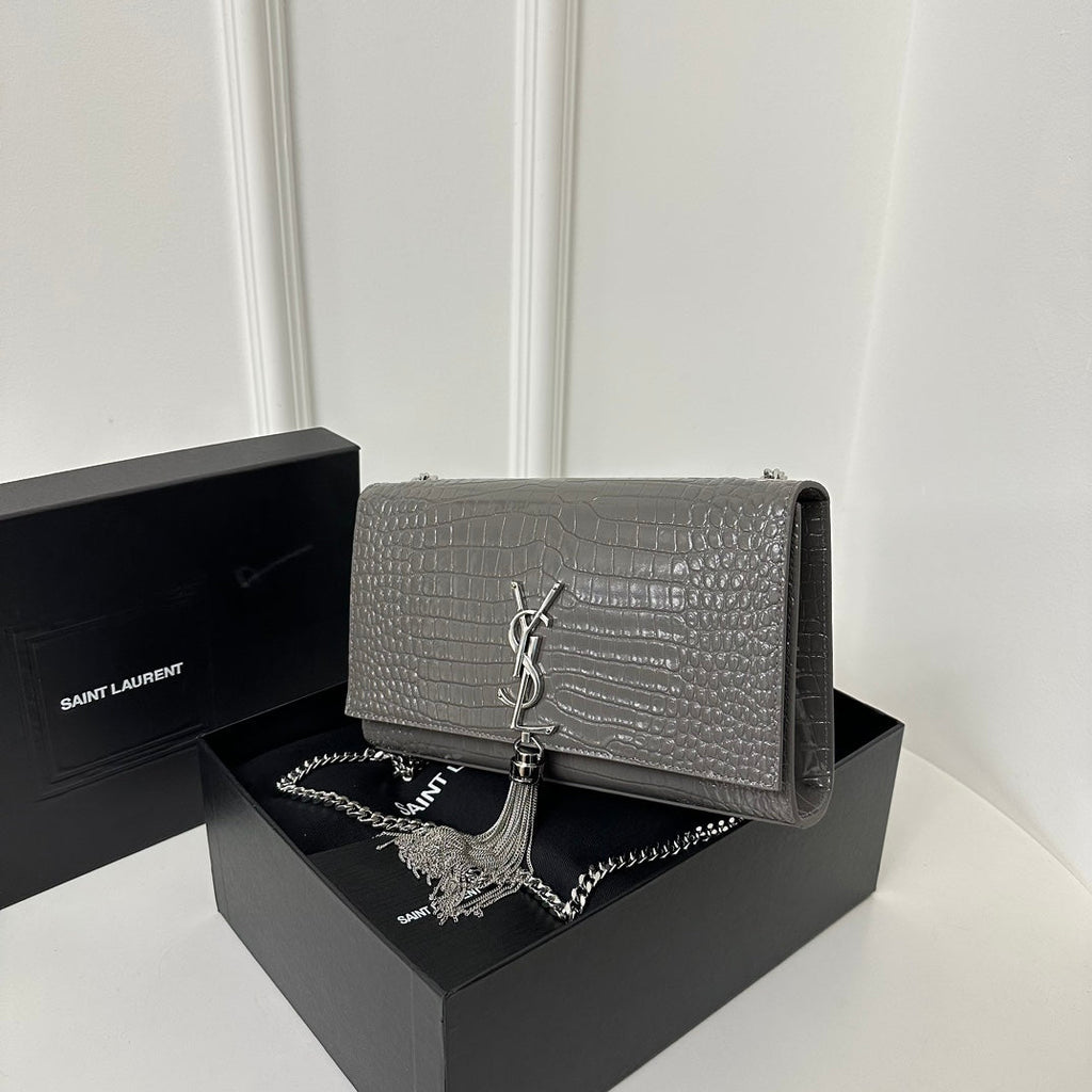 Saint Laurent Kate Tassel 24 Crocodile Pattern Dark Grey Calfskin Bag