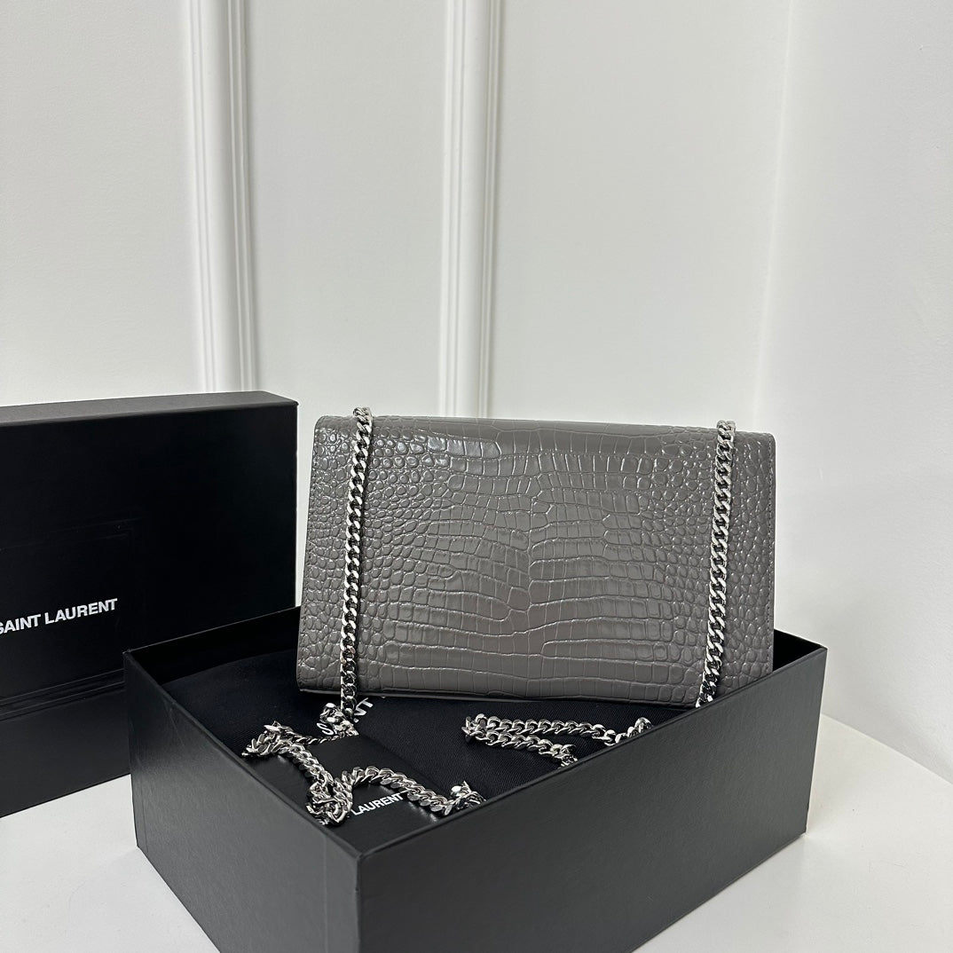Saint Laurent Kate Tassel 24 Crocodile Pattern Dark Grey Calfskin Bag