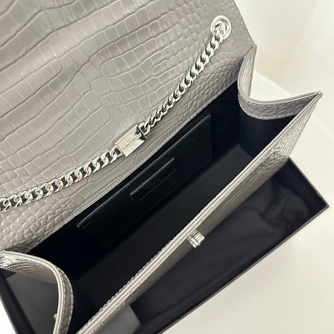 Saint Laurent Kate Tassel 24 Crocodile Pattern Dark Grey Calfskin Bag