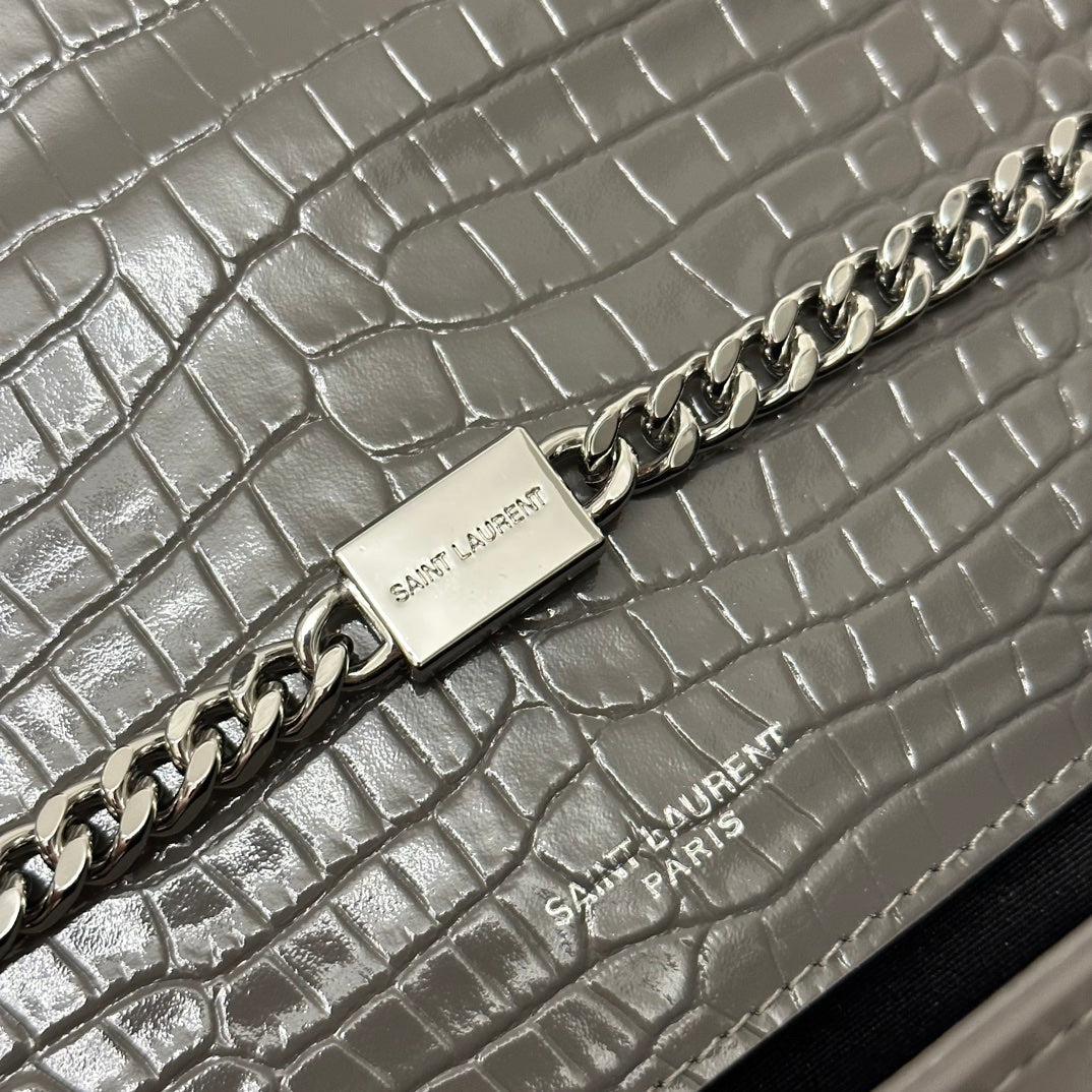 Saint Laurent Kate Tassel 24 Crocodile Pattern Dark Grey Calfskin Bag