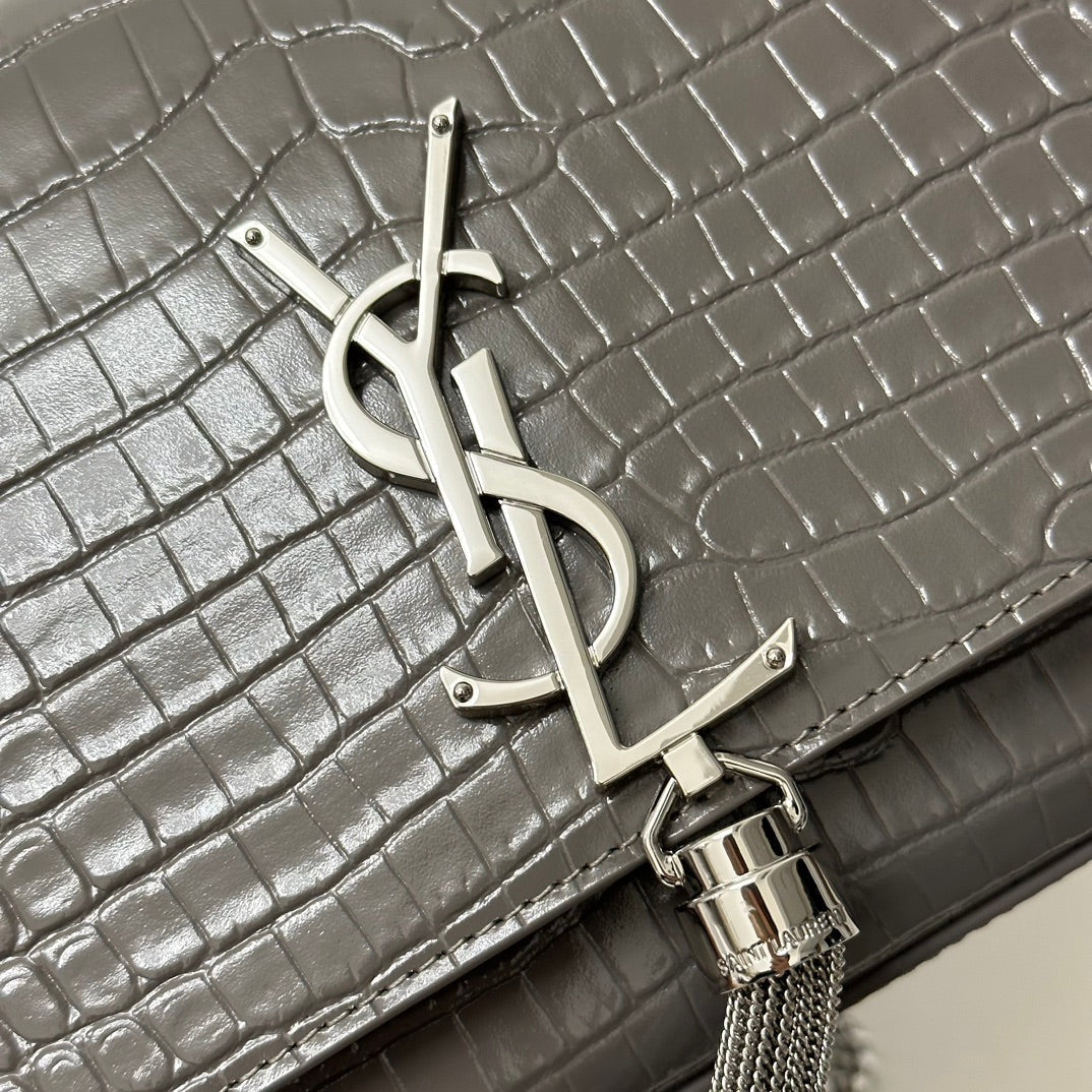 Saint Laurent Kate Tassel 24 Crocodile Pattern Dark Grey Calfskin Bag