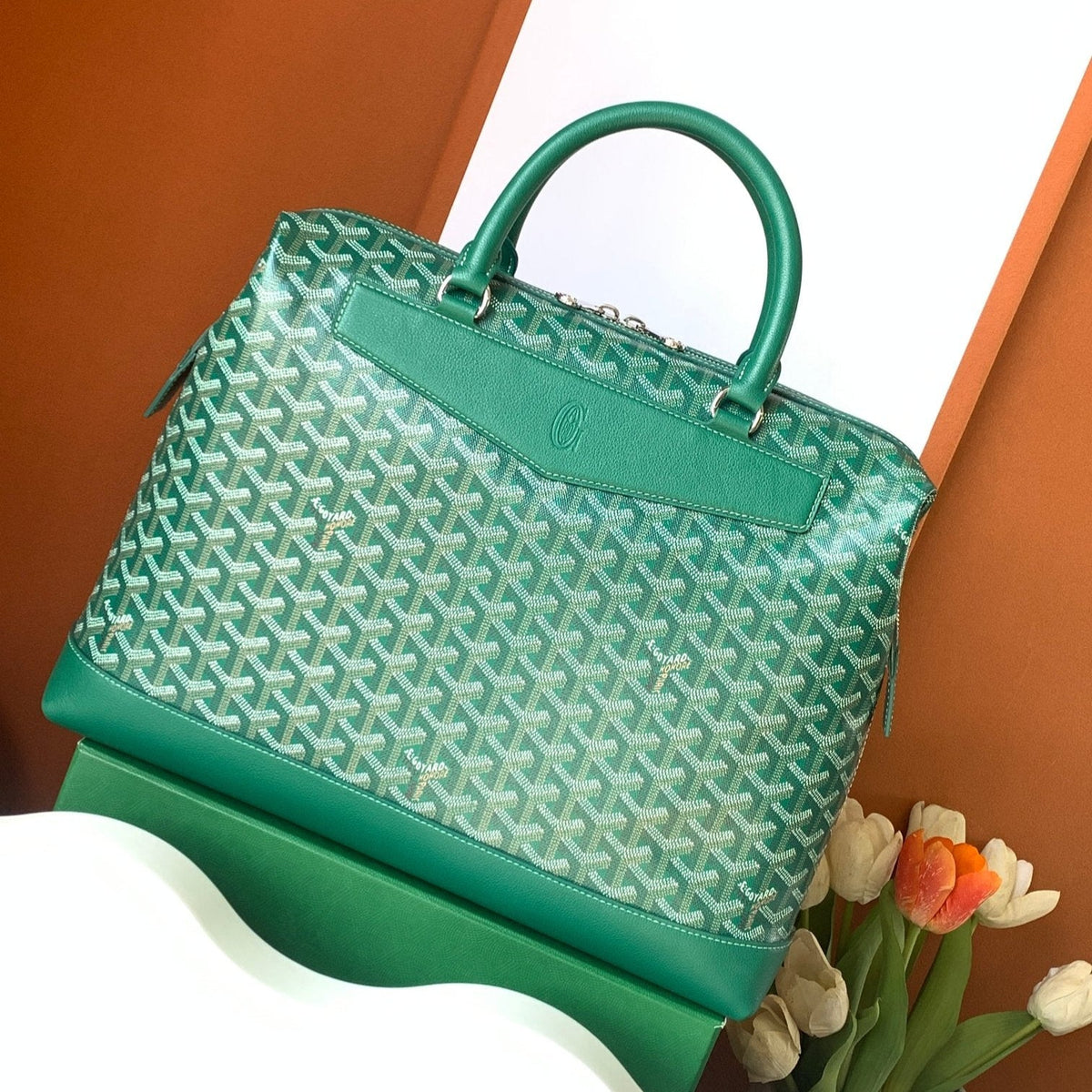 Goyard Cisalpin Document Case 39 in Green Goyardine Canvas and Calfskin Bag