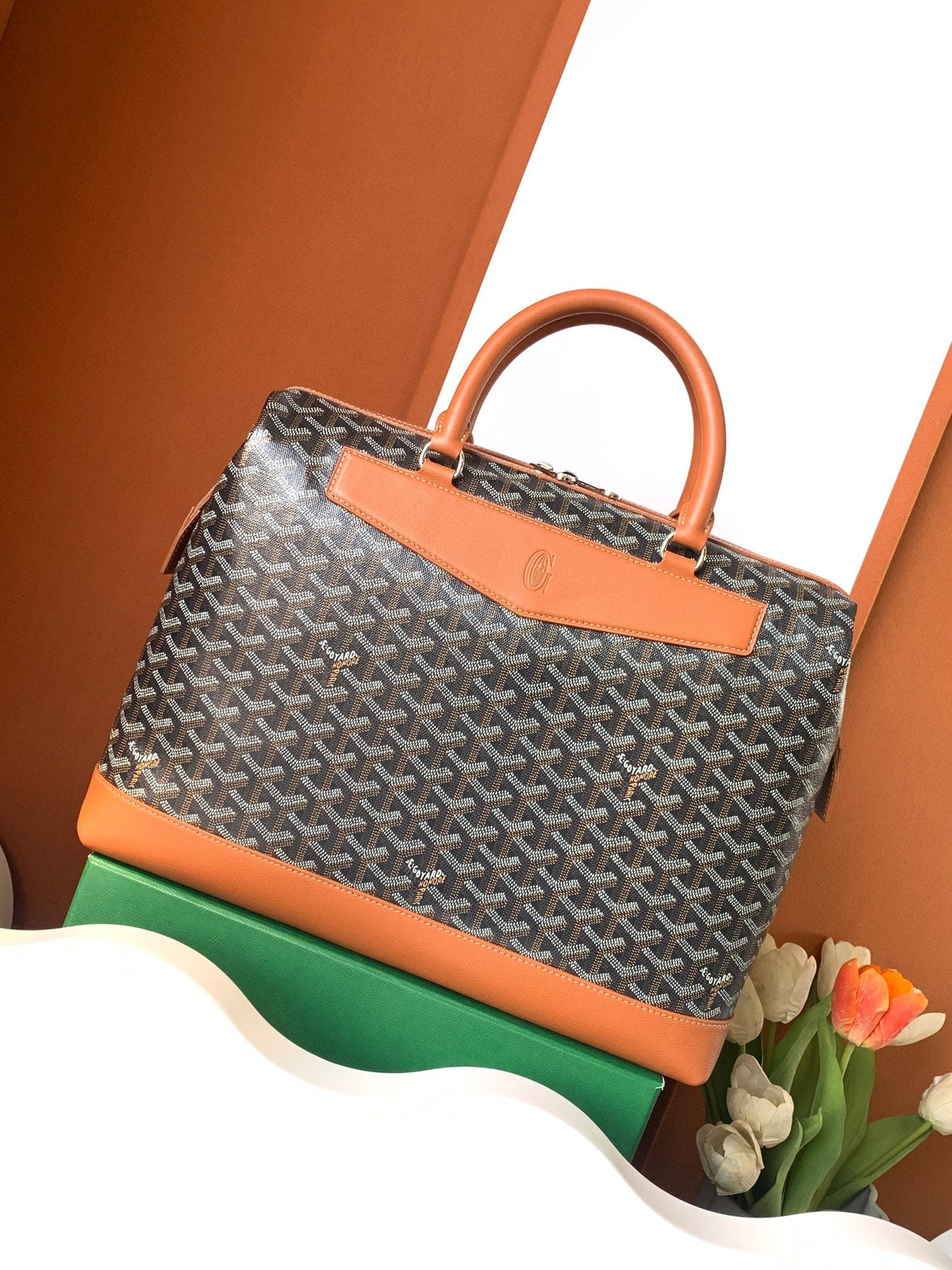 Goyard Cisalpin Document Case 39 in Black Goyardine Canvas and Tan Calfskin Bag