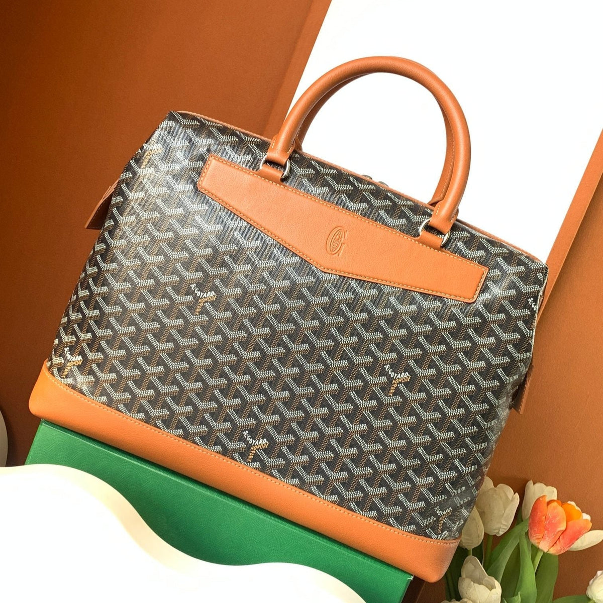 Goyard Cisalpin Document Case 39 in Black Goyardine Canvas and Tan Calfskin Bag