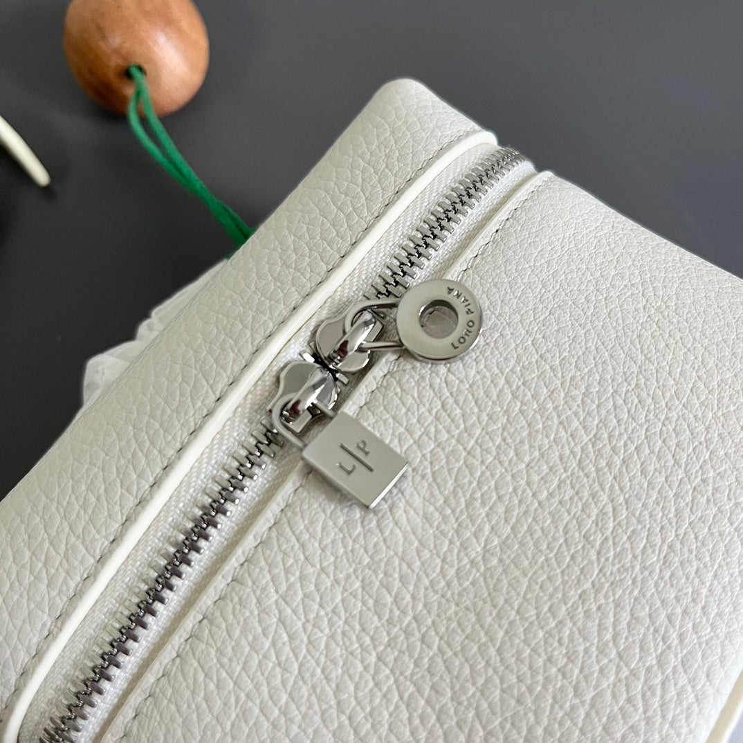Loro Piana Extra Pocket L12 in White Grained Calfskin with Silver Hardware Bag