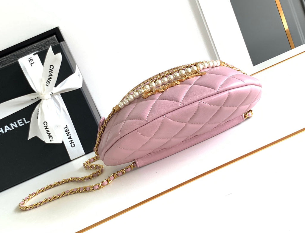 Chanel Waist 24 Bag in Light Pink Calfskin with Pearl Chain and Gold Hardware
