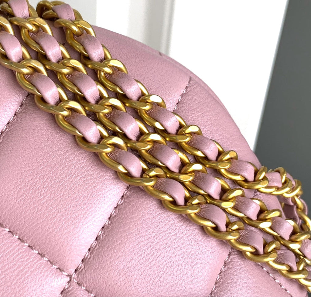 Chanel Waist 24 Bag in Light Pink Calfskin with Pearl Chain and Gold Hardware