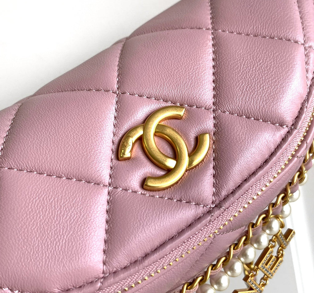 Chanel Waist 24 Bag in Light Pink Calfskin with Pearl Chain and Gold Hardware