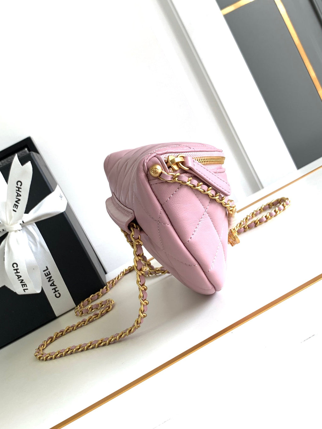 Chanel Waist 24 Bag in Light Pink Calfskin with Pearl Chain and Gold Hardware