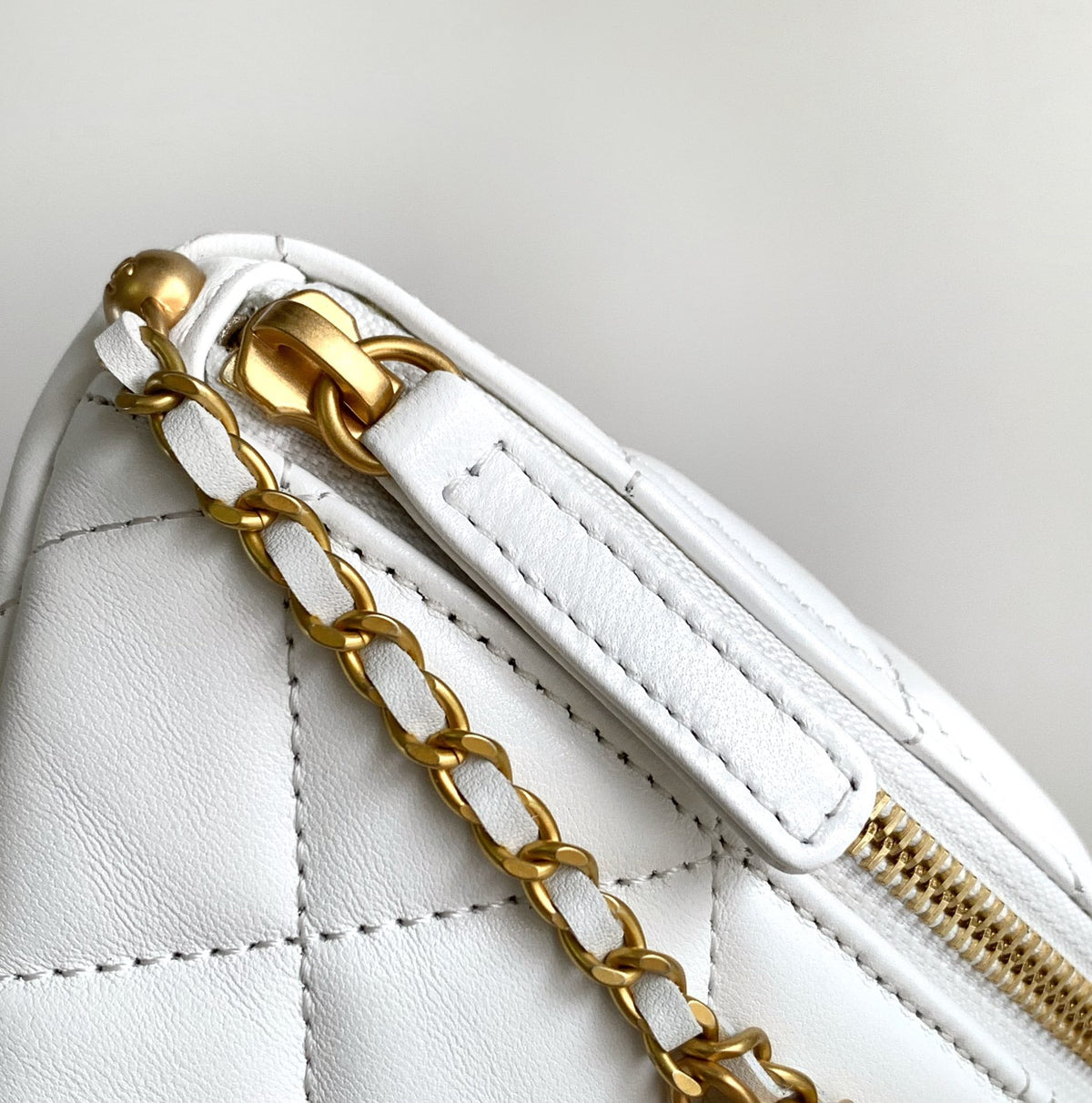 Chanel Waist 24 Bag in White Calfskin with Pearl Chain and Gold Hardware
