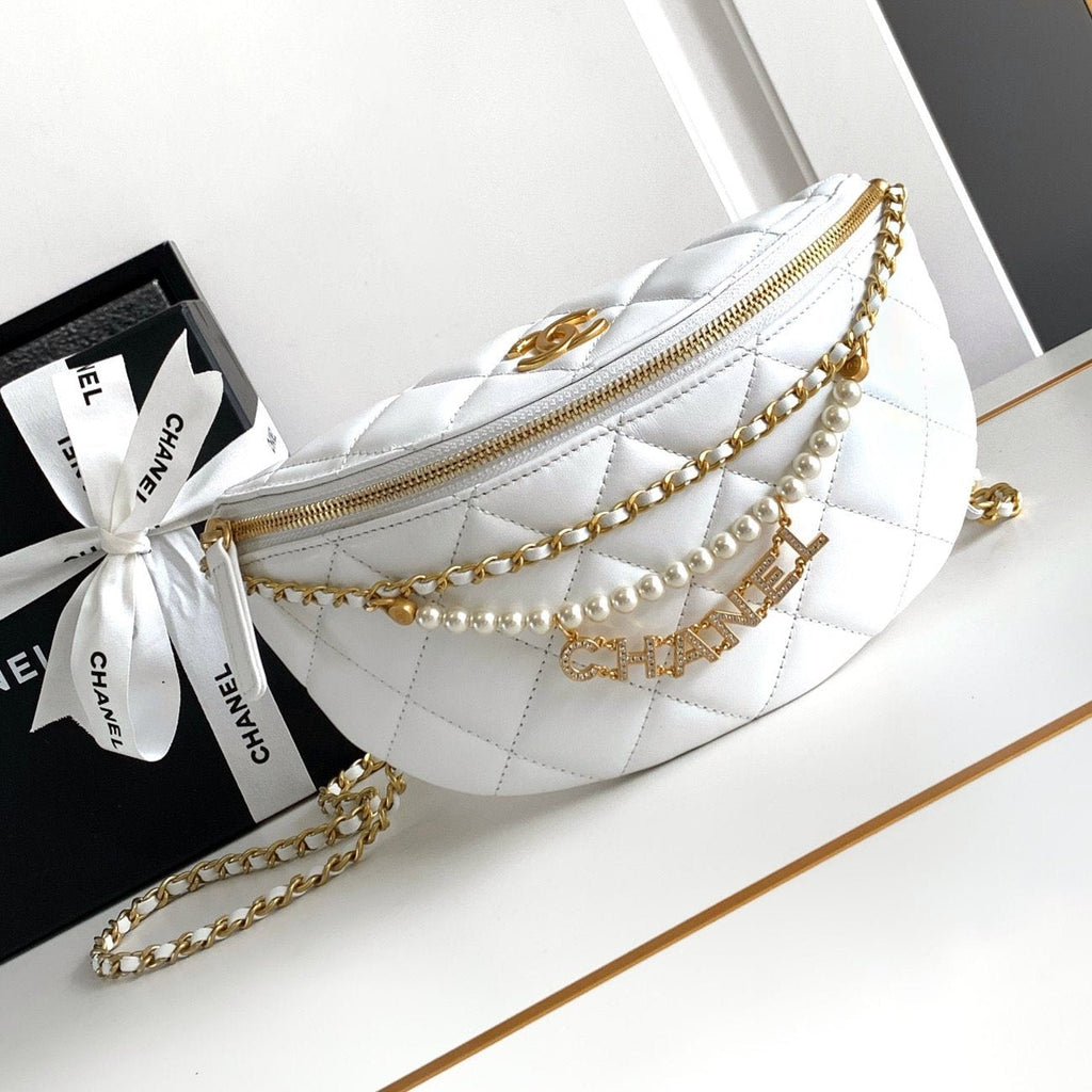 Chanel Waist 24 Bag in White Calfskin with Pearl Chain and Gold Hardware