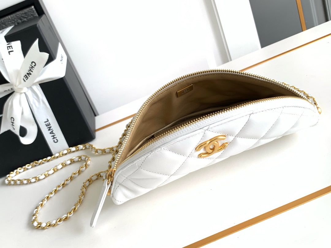 Chanel Waist 24 Bag in White Calfskin with Pearl Chain and Gold Hardware