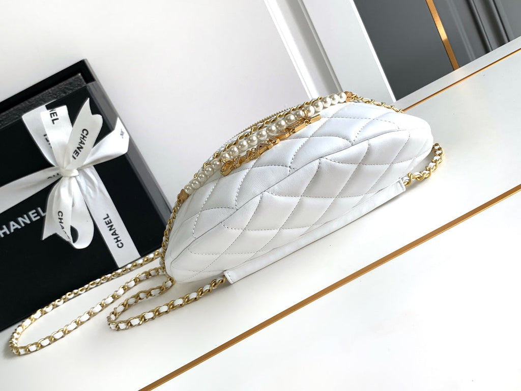 Chanel Waist 24 Bag in White Calfskin with Pearl Chain and Gold Hardware