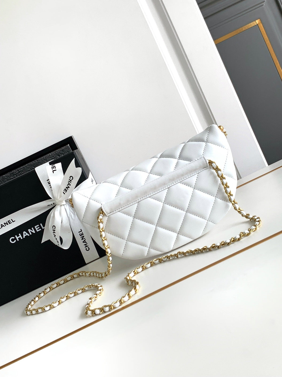 Chanel Waist 24 Bag in White Calfskin with Pearl Chain and Gold Hardware