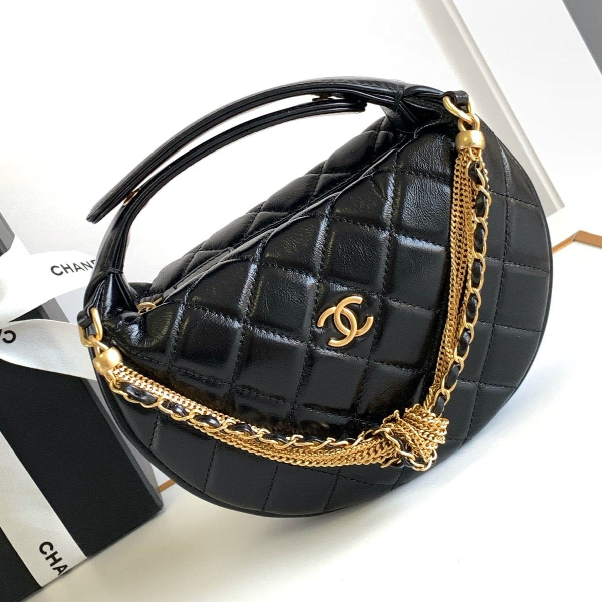 Chanel 16 Mini Pouch in Black Grained Calfskin and Gold Metal
