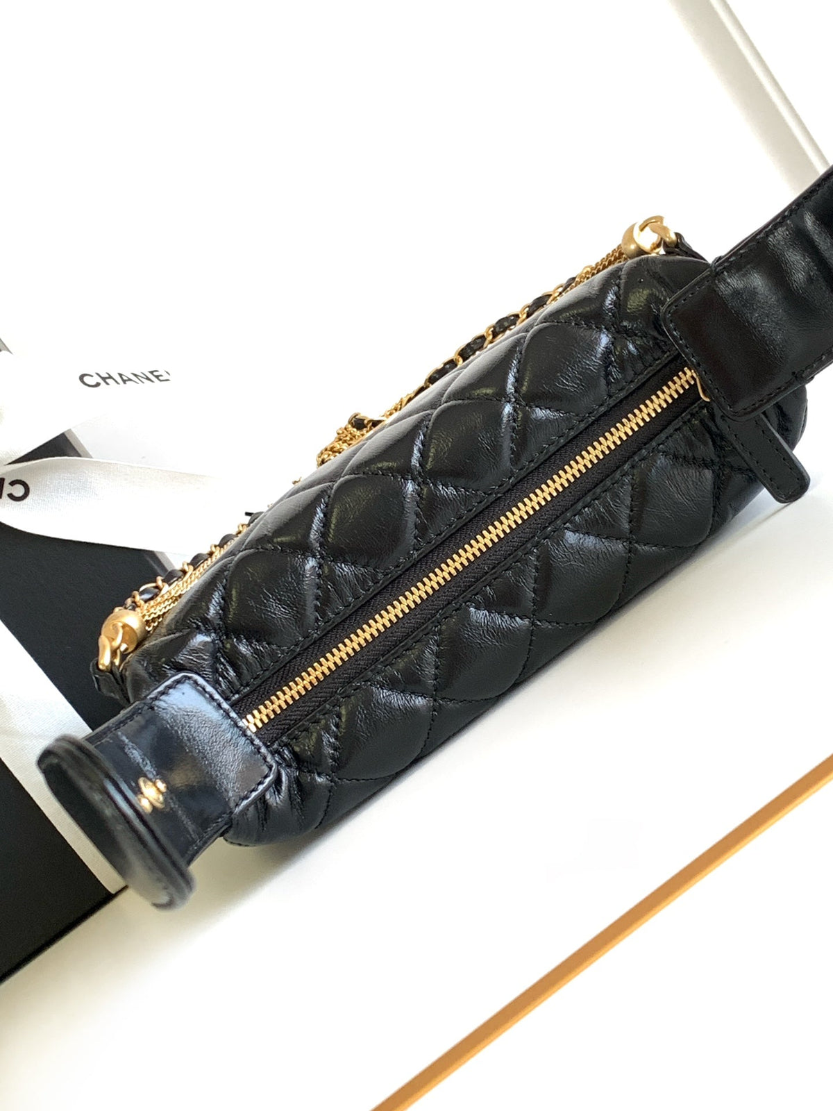 Chanel 16 Mini Pouch in Black Grained Calfskin and Gold Metal