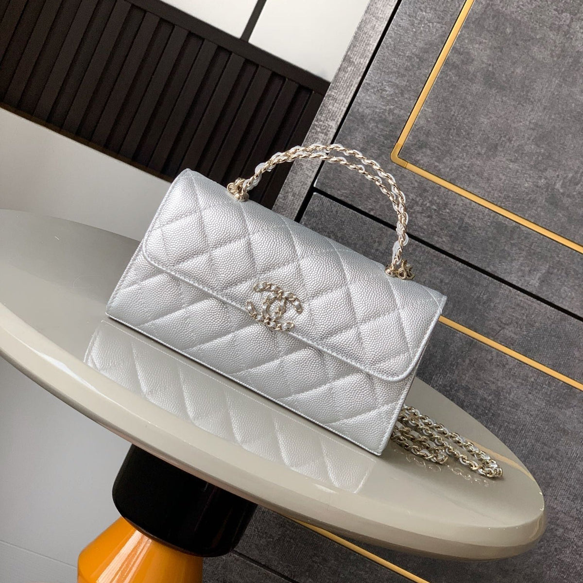 Chanel 25S Kelly Bag 18 in Silver Caviar Leather with Gold Hardware Style 2