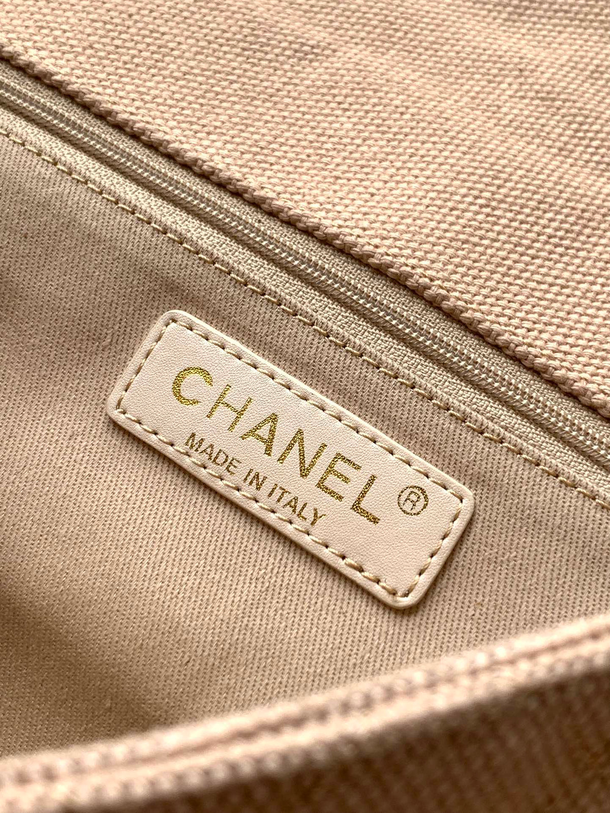 Chanel 25S Classic Flap 26 cm in Light Beige Canvas Embroidered Motif with Gold Hardware Bag