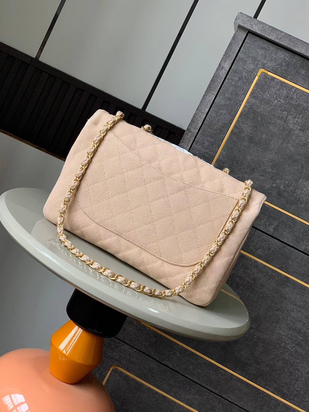 Chanel 25S Classic Flap 26 cm in Light Beige Canvas Embroidered Motif with Gold Hardware Bag