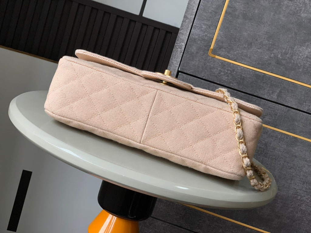 Chanel 25S Classic Flap 26 cm in Light Beige Canvas Embroidered Motif with Gold Hardware Bag