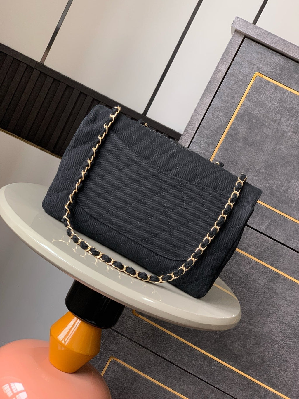 Chanel 25S Classic Flap 26 cm in Gunmetal Black Canvas Embroidered Motif with Gold Hardware Bag