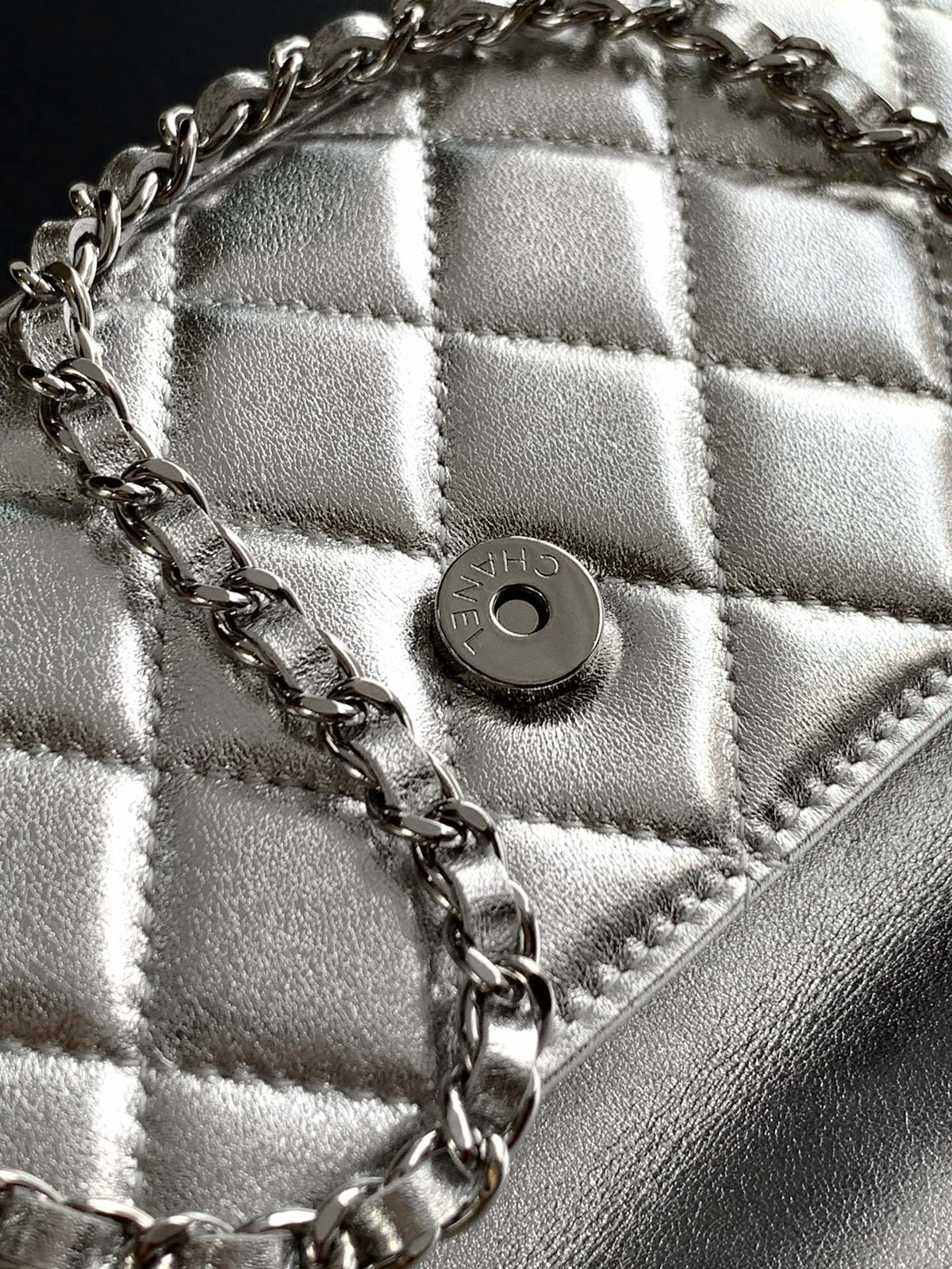 Chanel 25S Kelly Bag 18 in Silver Metallic Lambskin with Silver Hardware Style 3