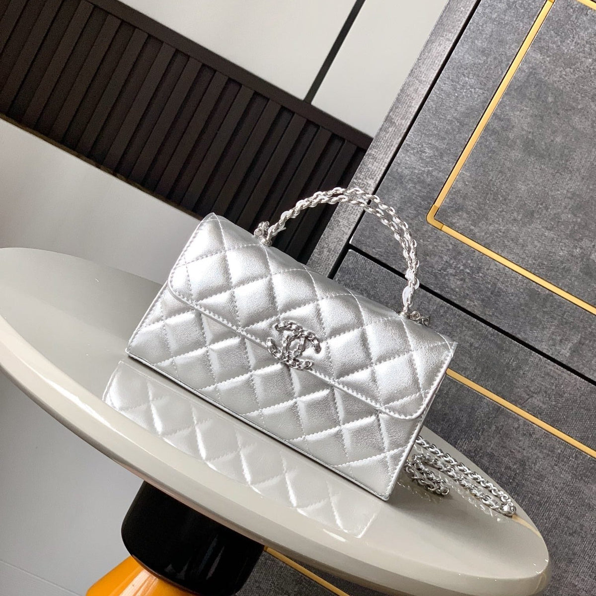 Chanel 25S Kelly Bag 18 in Silver Metallic Lambskin with Silver Hardware Style 3