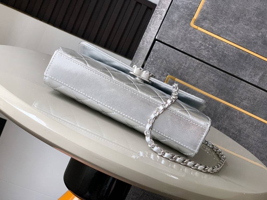 Chanel 25S Kelly Bag 18 in Silver Metallic Lambskin with Silver Hardware Style 3
