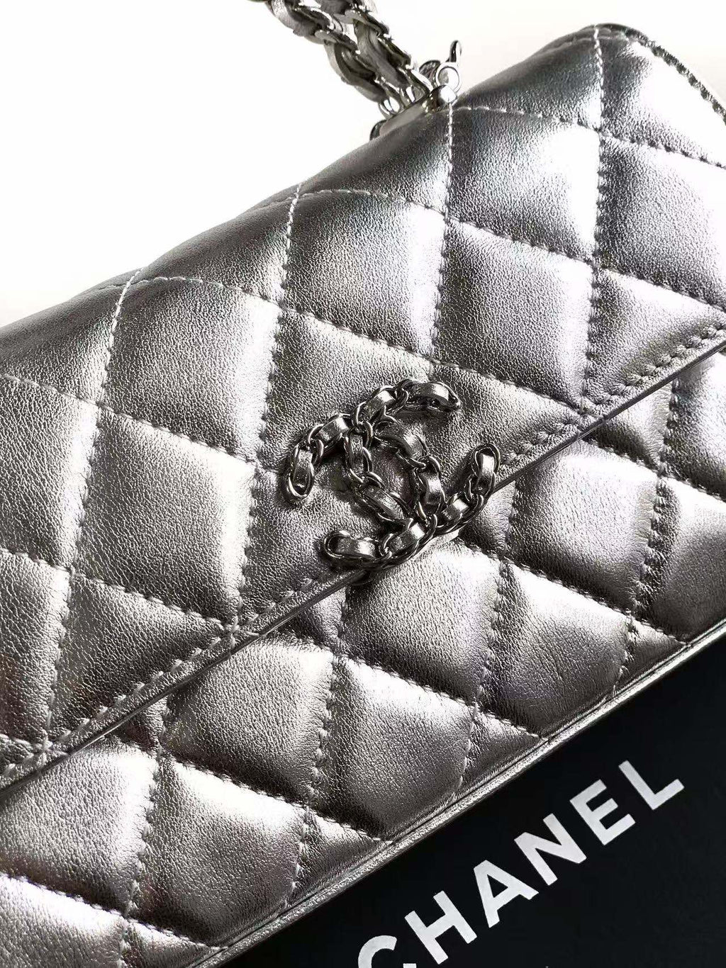 Chanel 25S Kelly Bag 18 in Silver Metallic Lambskin with Silver Hardware Style 3