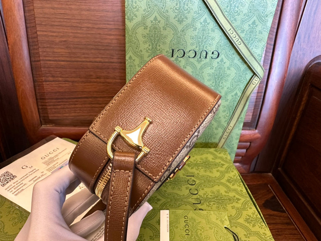 Gucci 20 Horsebit 1955 Small Bag in Beige Canvas and Brown Calfskin