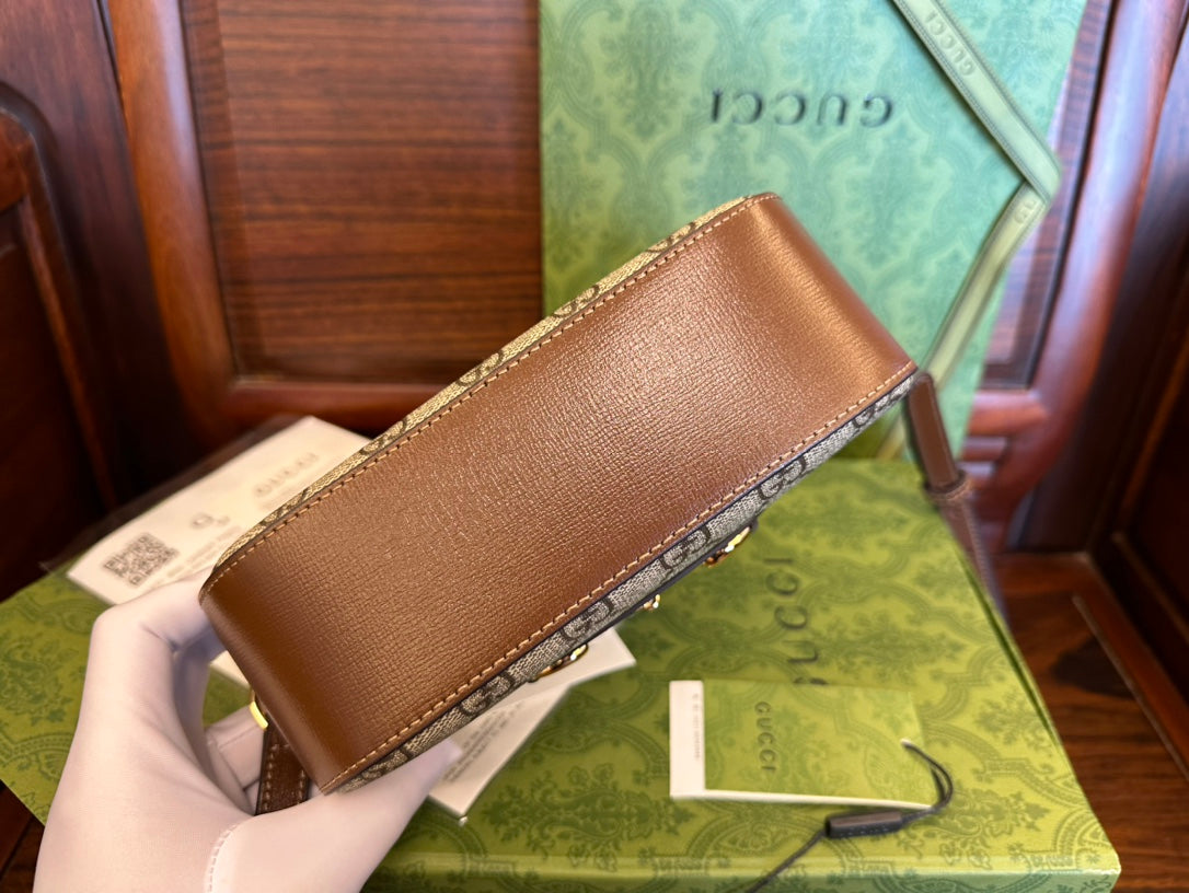 Gucci 20 Horsebit 1955 Small Bag in Beige Canvas and Brown Calfskin