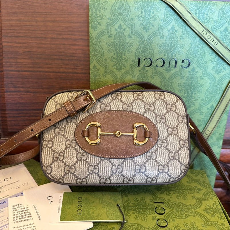 Gucci 20 Horsebit 1955 Small Bag in Beige Canvas and Brown Calfskin