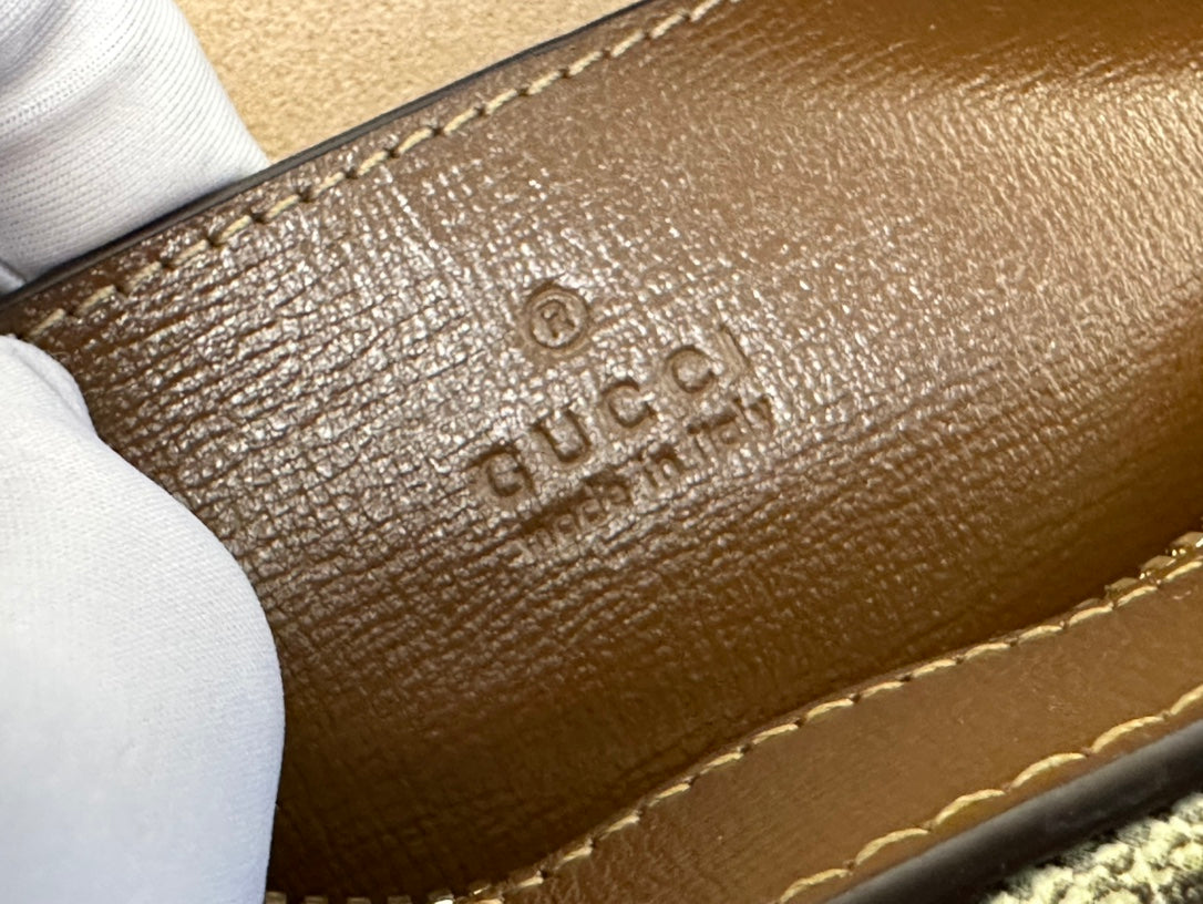 Gucci 20 Horsebit 1955 Small Bag in Beige Canvas and Brown Calfskin