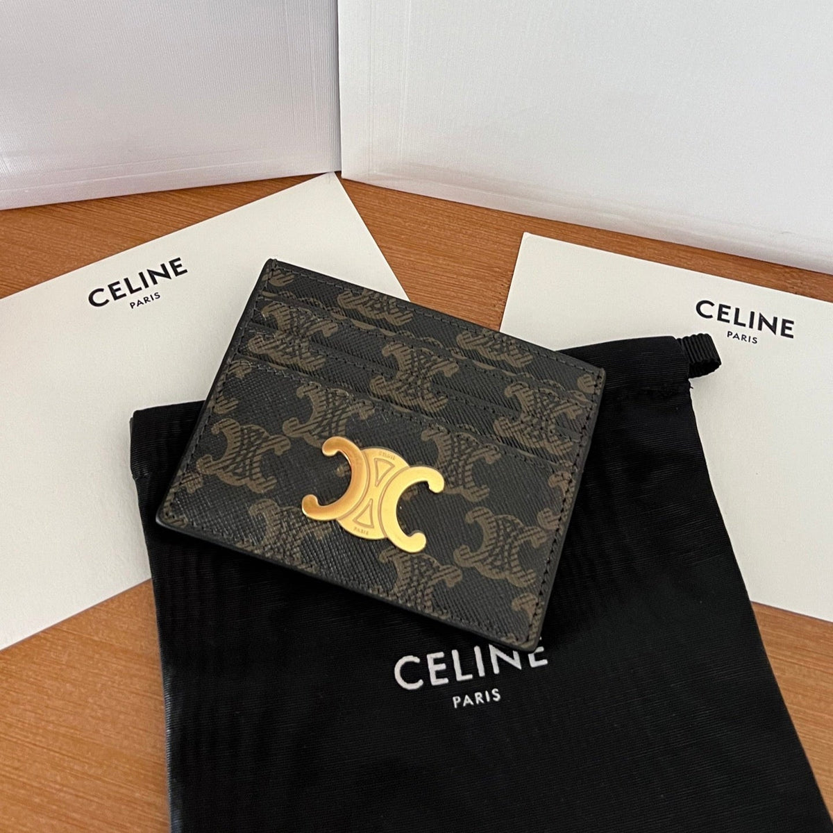 Celine 25S Card Holder with Triomphe Logo Print 11 in Brown Triomphe Calfskin