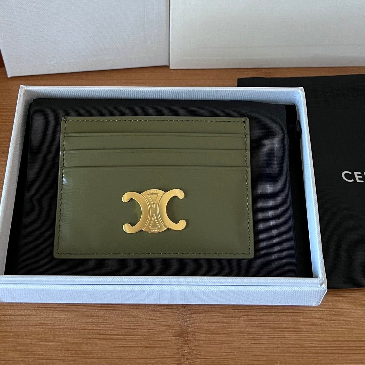 Celine 25S Card Holder with Triomphe Logo 11 in Dark Olive Green Calfskin