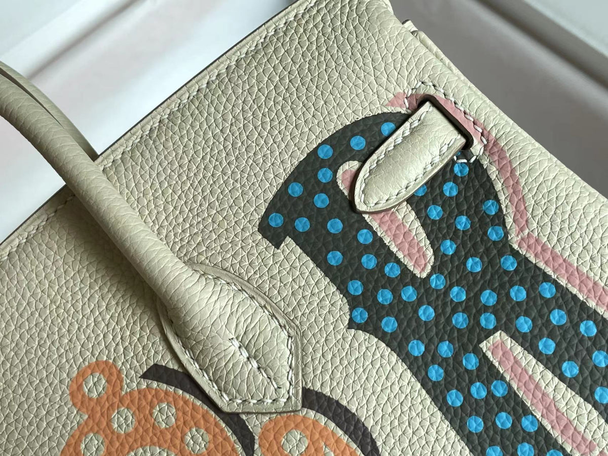 Hermes Birkin 25 Bag in White Cream Calfskin with Colorful Sticker
