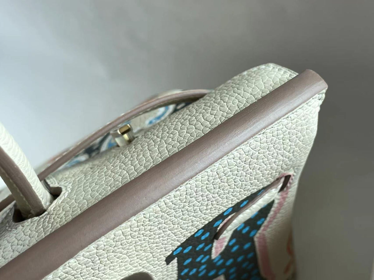 Hermes Birkin 25 Bag in White Cream Calfskin with Colorful Sticker
