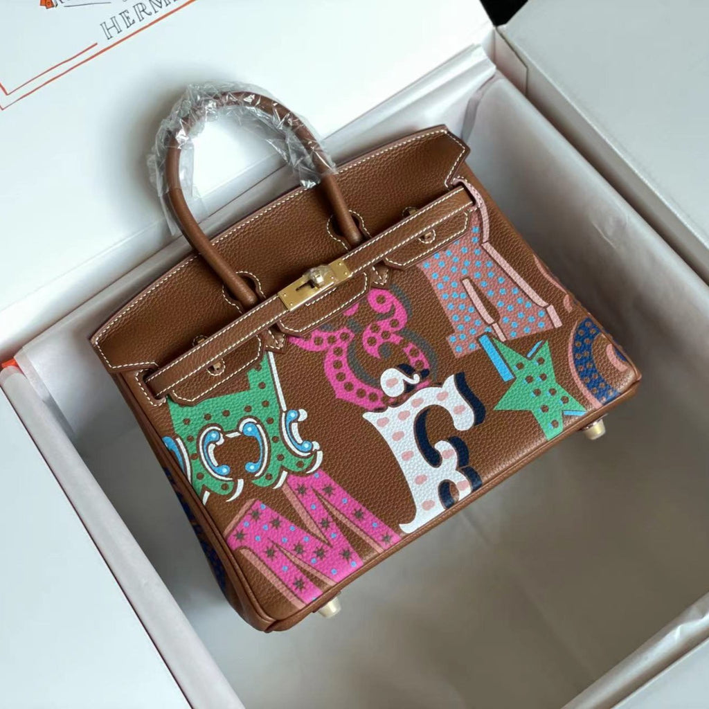 Hermes Birkin 25 Bag in Chocolate Brown Calfskin with Colorful Sticker