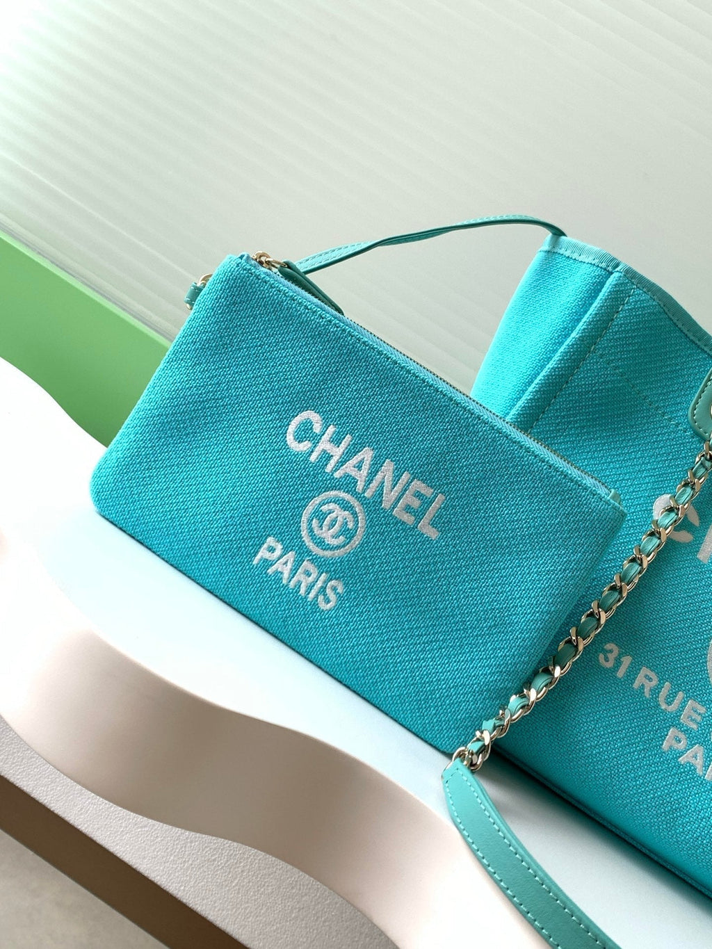 Chanel 25S Tote Bag 33 in Turquoise Blue Canvas