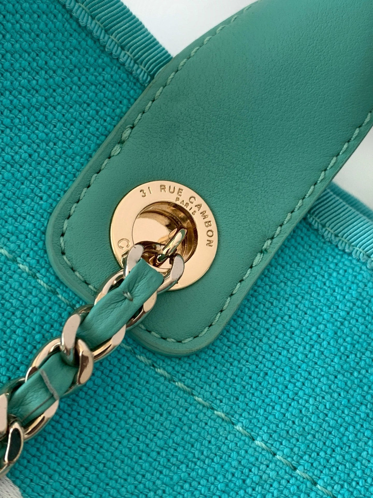 Chanel 25S Tote Bag 33 in Turquoise Blue Canvas