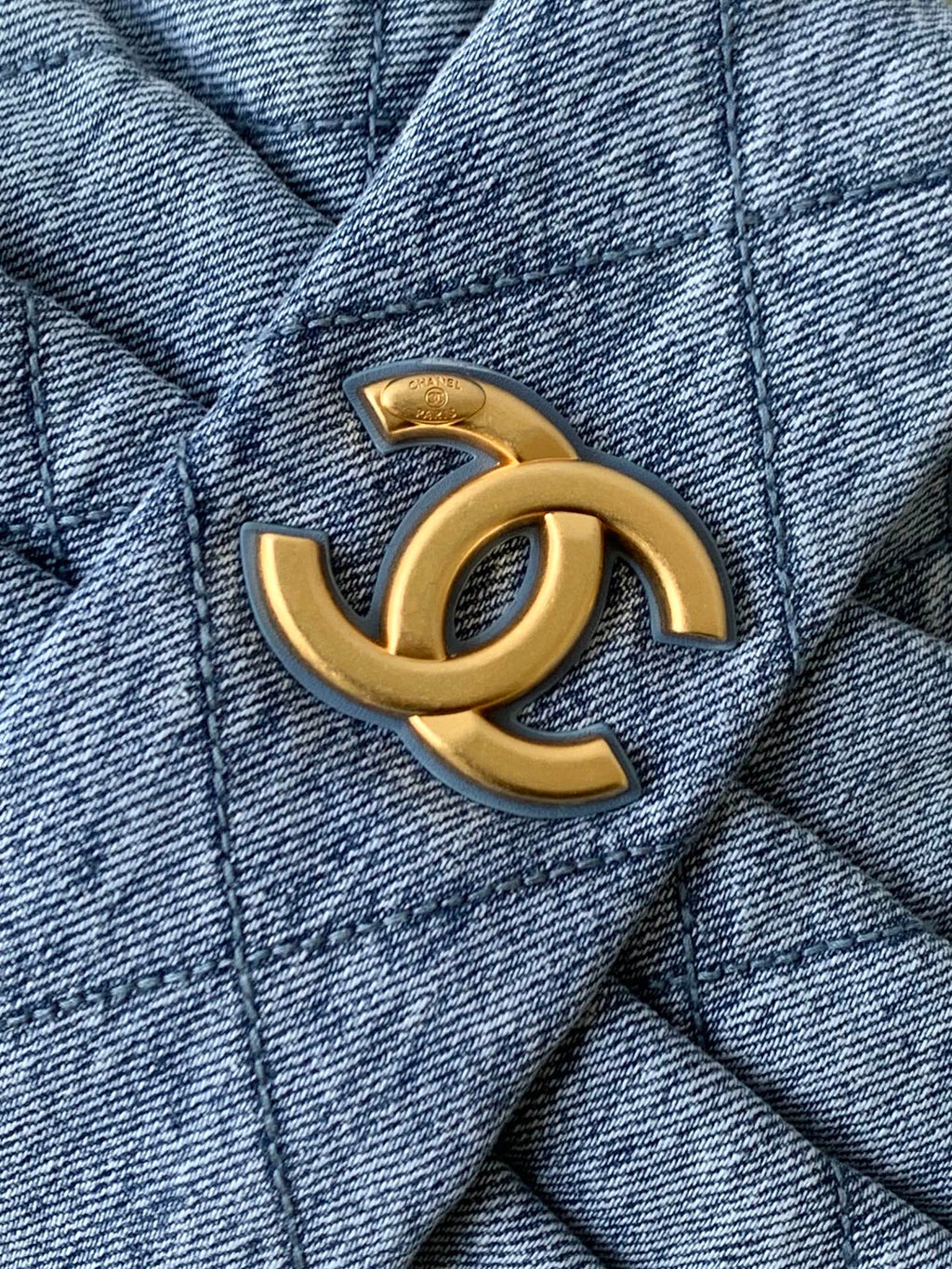 Chanel 25S Maxi Bow Bag 38 in Blue Denim with Gold Hardware