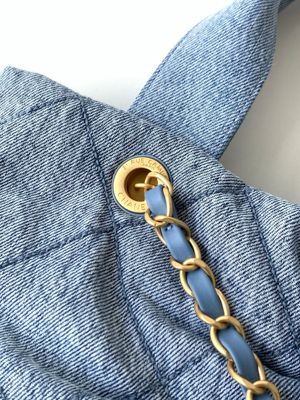 Chanel 25S Maxi Bow Bag 38 in Blue Denim with Gold Hardware