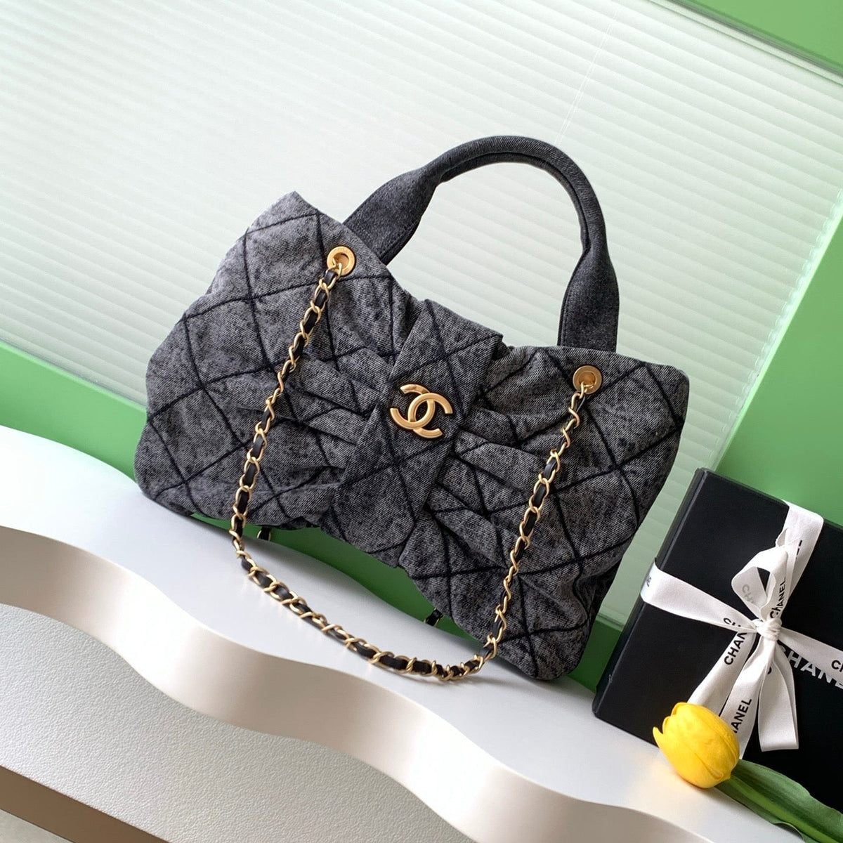 Chanel 25S Maxi Bow Bag 38 in Dark Grey Denim with Gold Hardware