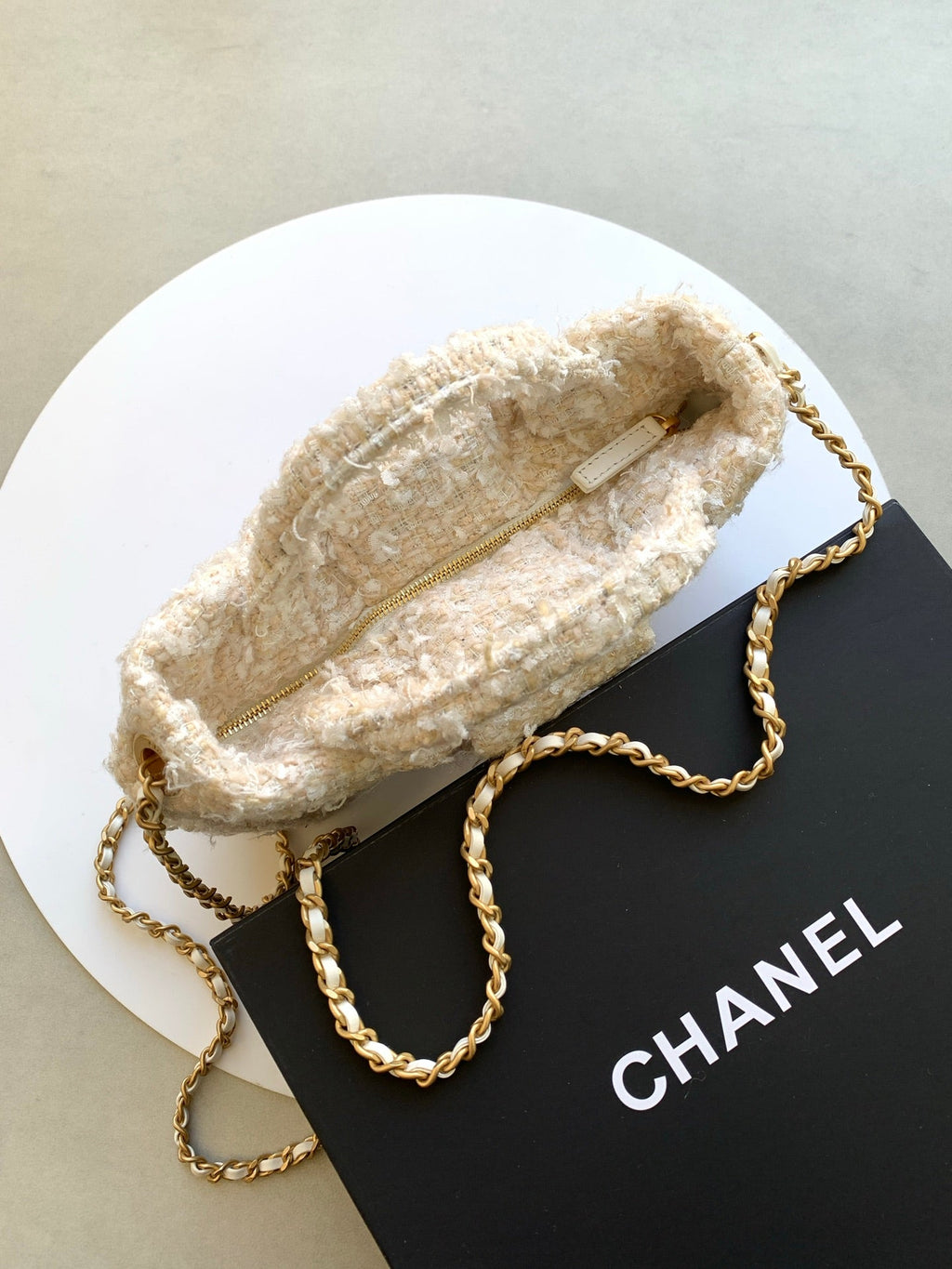 Chanel 25S Bow Bag 38 in Cream White Tweed with Gold Hardware